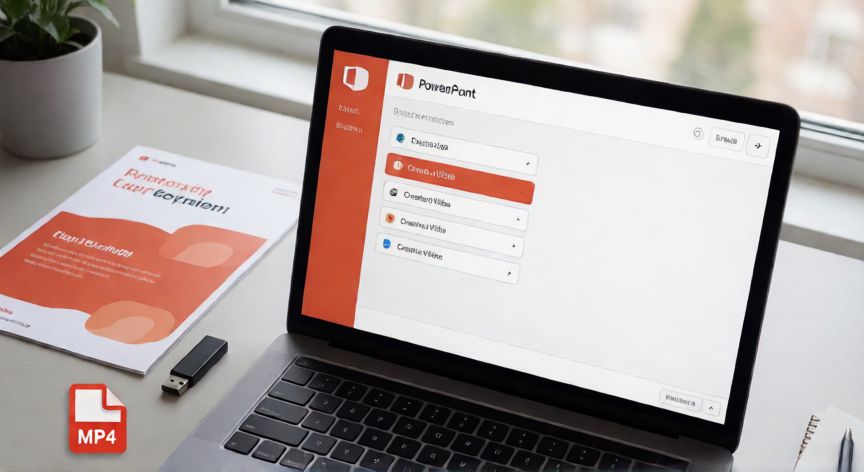 como poner un powerpoint en video, Pantalla de laptop mostrando el menú de exportar a video en Microsoft PowerPoint sobre un escritorio de oficina
