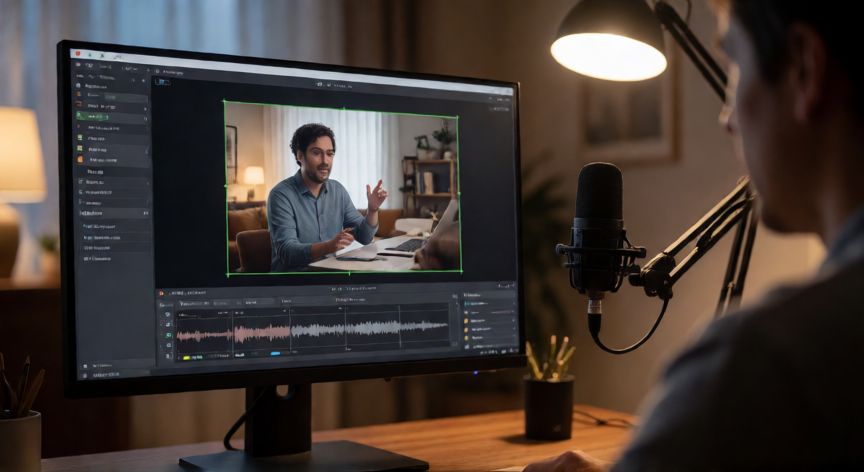 como poner un powerpoint en video, Persona grabando una presentación con OBS Studio en un escritorio doméstico con micrófono y monitor secundario