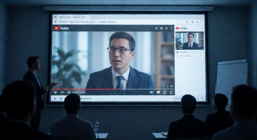 como poner un video en powerpoint de youtube, Presentador mostrando un vídeo de YouTube a pantalla completa en una sala de conferencias
