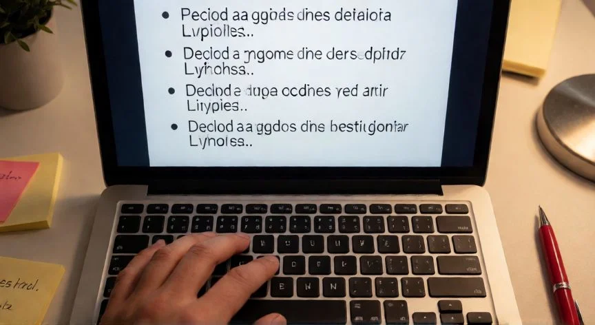 como poner viñetas en powerpoint, Manos escribiendo viñetas jerárquicas en una diapositiva de PowerPoint en un portátil