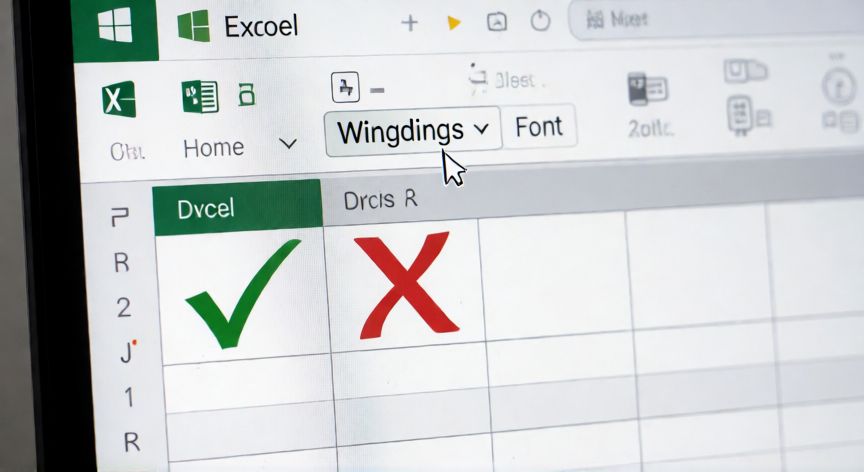 como poner x en excel, Hojas de cálculo de Excel con símbolos de paloma y X en fuente Wingdings