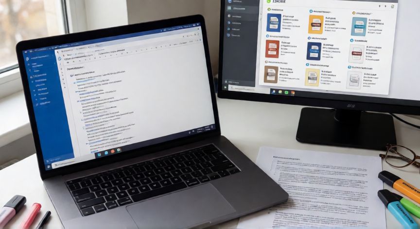 como poner zotero en word, Espacio de trabajo académico con Zotero abierto en una pantalla y una bibliografía generada automáticamente en Word en la otra