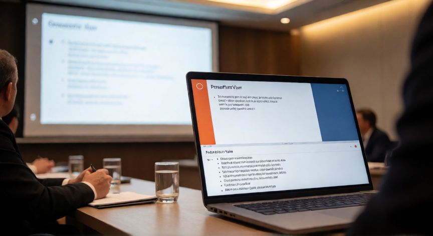como presentar en powerpoint y ver las notas, Persona presentando con PowerPoint mostrando la Vista del Presentador con notas visibles en el portátil y diapositiva limpia en el proyector
