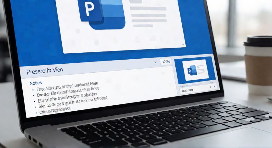 como presentar en powerpoint y ver las notas, Vista cercana de la pantalla con la Vista del Presentador de PowerPoint mostrando panel de notas, temporizador y miniatura de la siguiente diapositiva