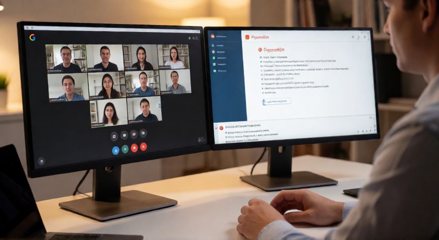 como presentar powerpoint en meet y ver a los participantes, Persona presentando PowerPoint en Google Meet con doble monitor viendo participantes