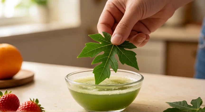 cómo puedo aumentar mis plaquetas en 2 días, Jugo de hoja de papaya en un vaso con fresas y naranja al fondo