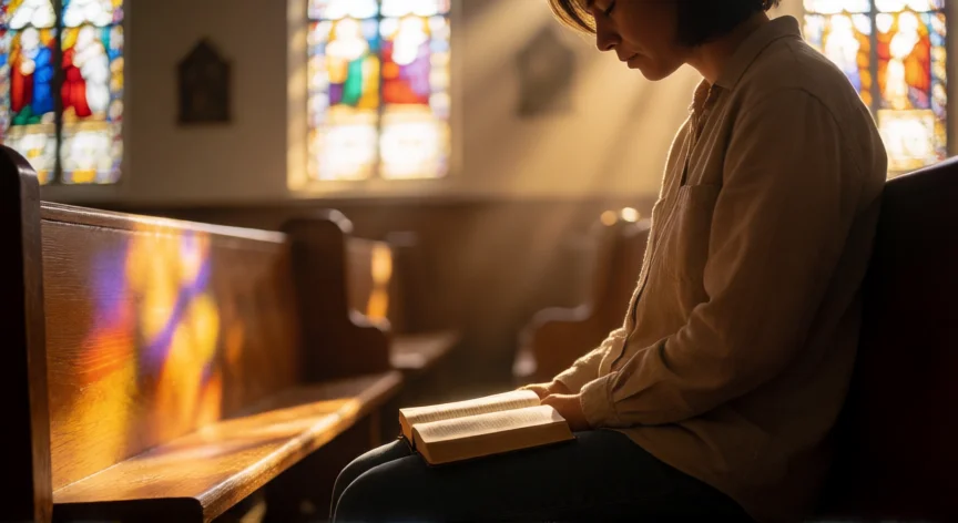 como quisiera ser un mejor cristiano letra, Persona orando en un banco de iglesia con luz de vitrales