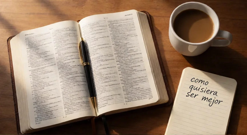 como quisiera ser un mejor cristiano letra, Biblia abierta con libreta que dice 'como quisiera ser mejor'
