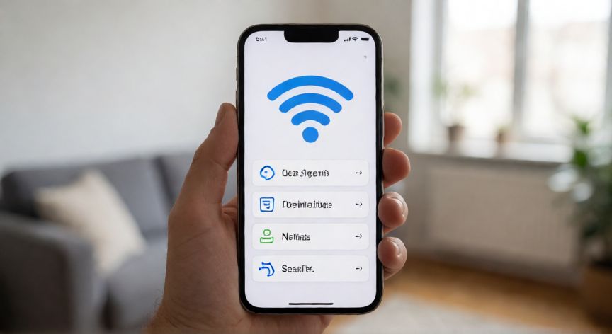 como quitar ahorrar datos en iphone, Mano sosteniendo un teléfono con opciones de red y datos visibles en pantalla