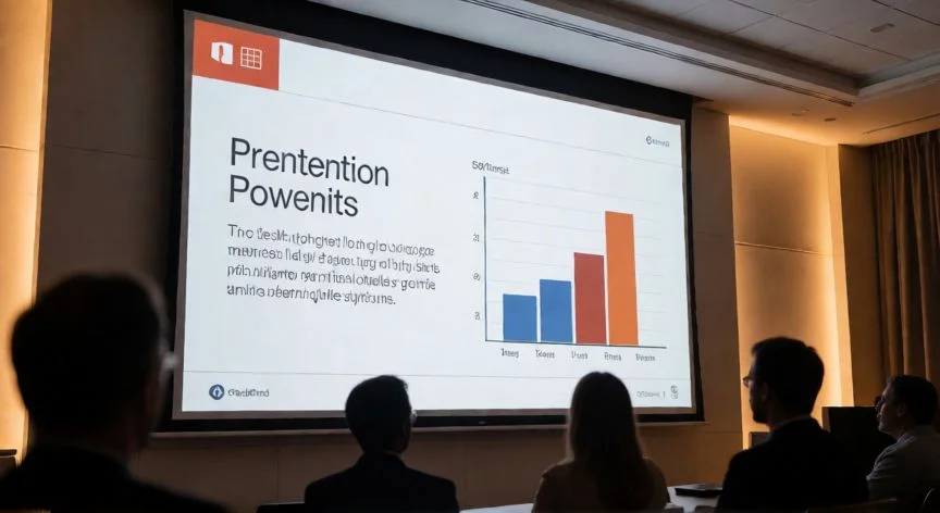 como quitar animaciones en powerpoint, Presentación de PowerPoint proyectada en una sala de reuniones sin animaciones, con asistentes observando
