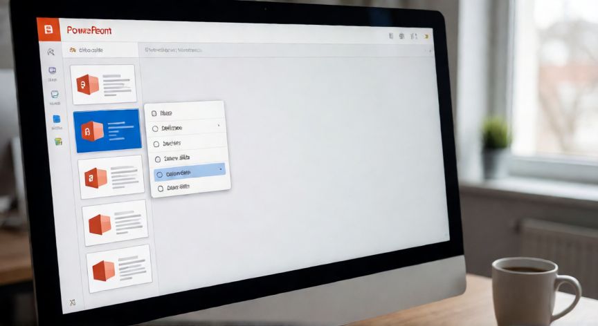 como quitar diapositivas en powerpoint, Vista de miniaturas en PowerPoint con menú contextual de eliminar diapositiva