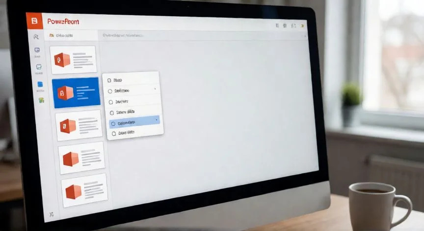 Vista de miniaturas en PowerPoint con menú contextual de eliminar diapositiva