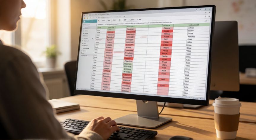 Persona revisando una hoja de cálculo en Excel con celdas mostrando errores de división