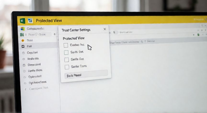 como quitar en excel vista protegida, Ventana de Excel mostrando la barra amarilla de Vista Protegida y el diálogo del Centro de confiables