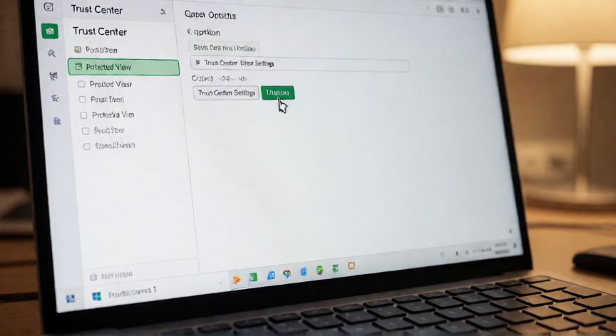 como quitar en excel vista protegida, Cursor seleccionando Ajustes del Centro de confiables en las opciones de Excel