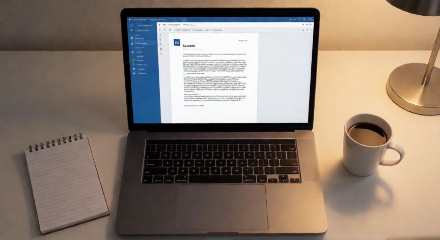 como quitar en word las marcas de revision, Document de Word limpio sin marcas de revisión en una laptop sobre escritorio de oficina