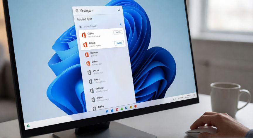 Pantalla de Windows 11 mostrando la sección de aplicaciones instaladas con Microsoft Office seleccionado para modificar