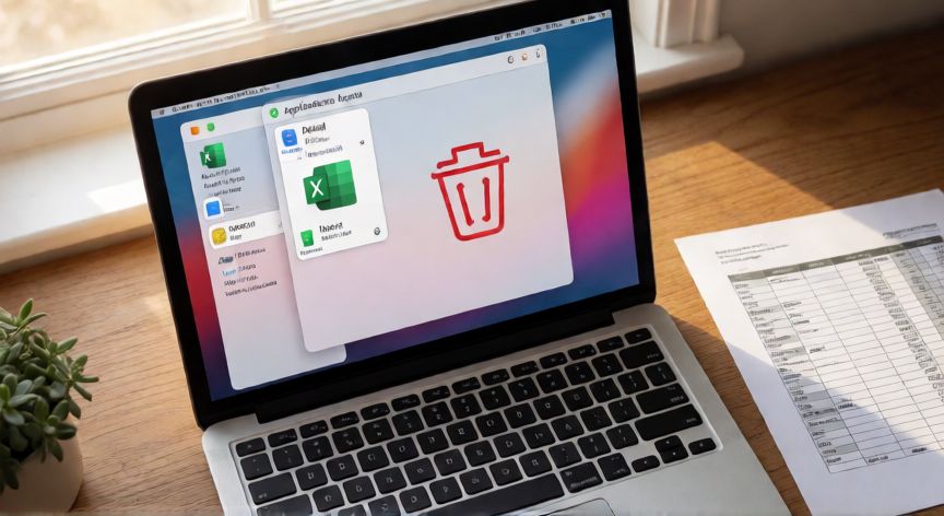 como quitar excel, Portátil Mac arrastrando el icono de Excel a la papelera en la carpeta Aplicaciones del Finder