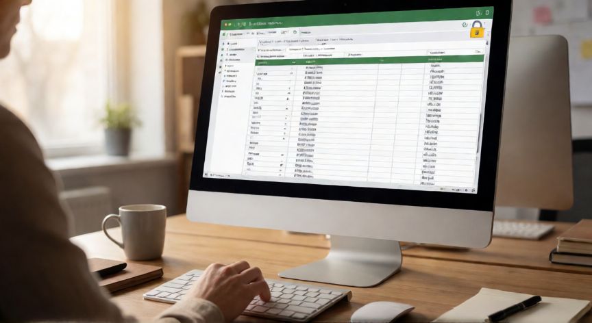 como quitar excel solo lectura, Persona editando una hoja de cálculo en Excel con icono de candado visible en pantalla