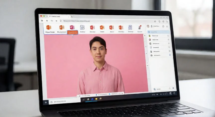 como quitar fondo en powerpoint online, Ventana de PowerPoint Online en el navegador mostrando la herramienta Eliminar fondo activa sobre una imagen seleccionada