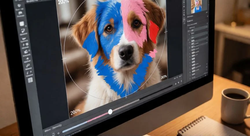 como quitar fondo en powerpoint online, Detalle del proceso de marcado manual con pinceles azul y rosa para refinar la eliminación de fondo en PowerPoint