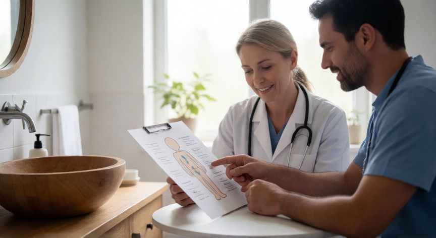 como quitar la sensación de hacer pipi cada rato, Médicos revisando un plan de reeducación vesical en una consulta