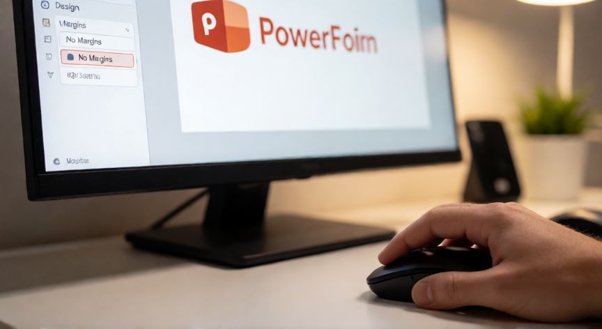 como quitar margenes en powerpoint, Pantalla de PowerPoint mostrando la opción Sin márgenes en la pestaña Diseño