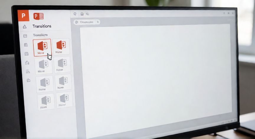 como quitar transiciones en powerpoint, Pantalla de PowerPoint con la pestaña Transiciones seleccionada y el cursor sobre la opción Ninguna
