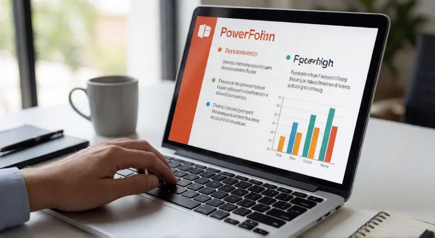 Persona creando una diapositiva en PowerPoint en su portátil en una oficina