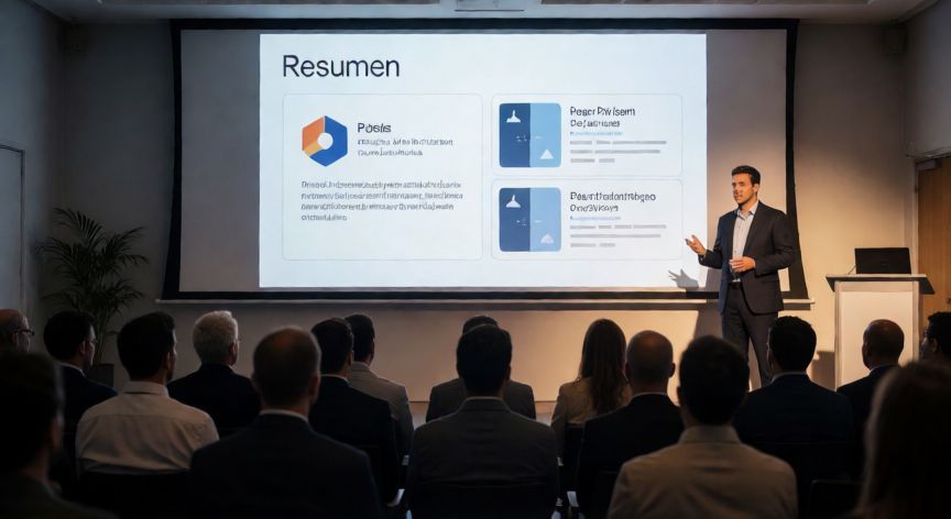 como realizar diapositivas en powerpoint, Presentador exponiendo una diapositiva de PowerPoint ante una audiencia en una sala de reuniones