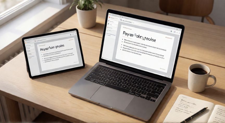 como realizar una presentación en powerpoint, Mesa de trabajo con portátil mostrando la edición de una presentación en PowerPoint junto a una tableta en modo diapositiva