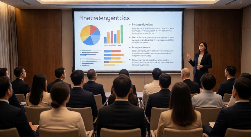 como realizar una presentación en powerpoint, Presentadora profesional mostrando una diapositiva de PowerPoint en una sala de conferencias con audiencia