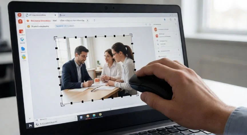 como recortar en powerpoint una imagen, Mano arrastrando el tirador de recorte sobre una imagen en PowerPoint