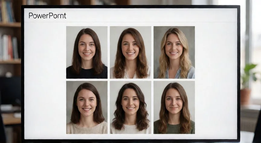 como recortar en powerpoint una imagen, Diapositiva de PowerPoint con imágenes recortadas a formato cuadrado 1:1 en cuadrícula