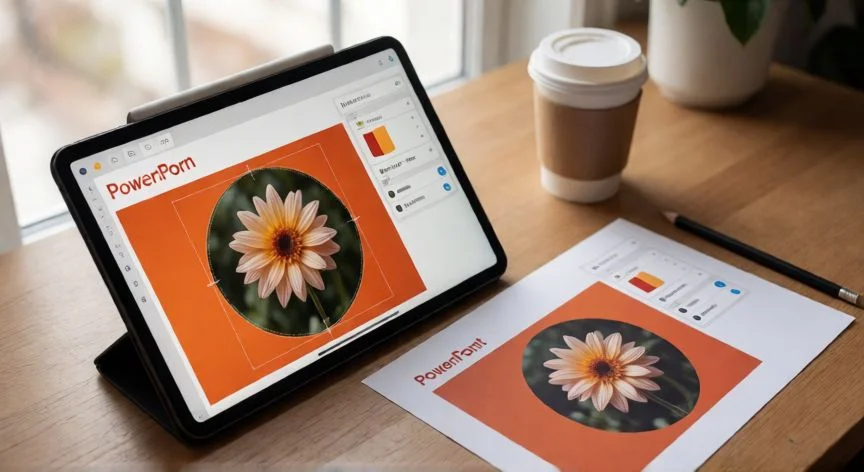 como recortar una imagen en powerpoint de forma libre, Mesa de trabajo con tableta mostrando recorte de imagen a forma circular en PowerPoint