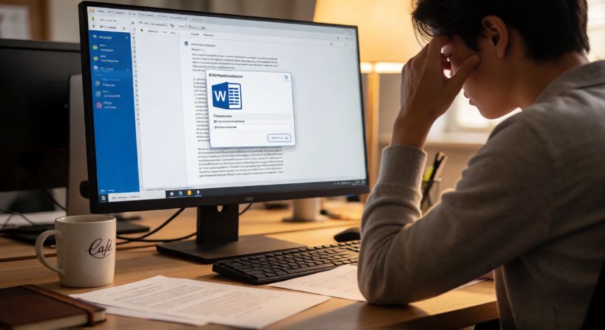 como recuperar documentos en word no guardados, Persona revisando la ventana de recuperación automática de Microsoft Word en su escritorio de oficina