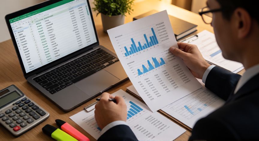 como redondear en excel, Contador revisando informes financieros junto a una hoja de Excel con funciones de redondeo