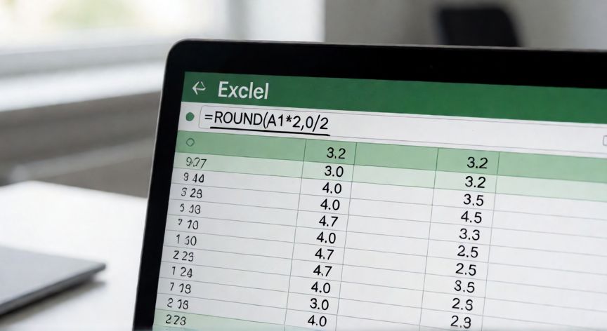 como redondear en excel a 0 5, Hojas de cálculo de Excel mostrando la fórmula de redondeo a 0,5 aplicada a una columna de datos decimales
