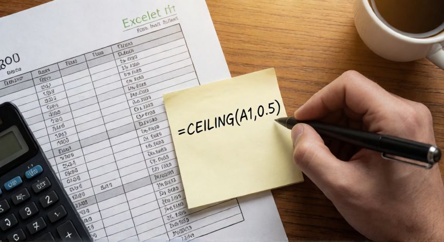 como redondear en excel a 0 5, Nota adhesiva con la fórmula TECHO de Excel junto a una hoja impresa con datos numéricos
