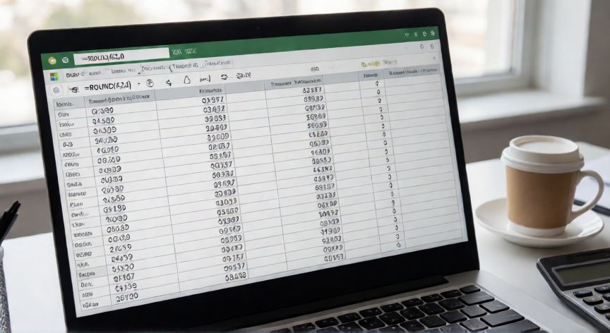 como redondear en excel a número entero, Pantalla de Excel mostrando la fórmula REDONDEAR aplicada a una columna de decimales
