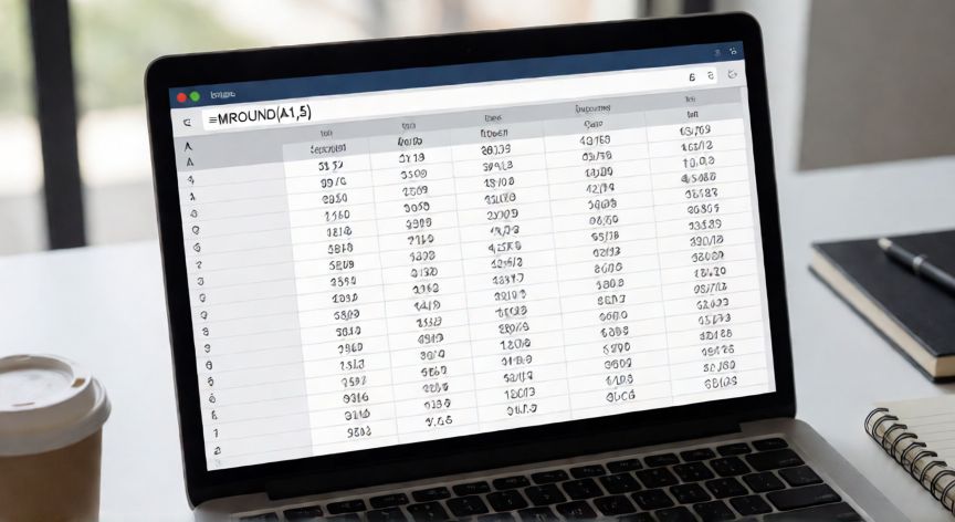 Pantalla de Excel mostrando la fórmula MROUND para redondear a múltiplos de 5 en una columna