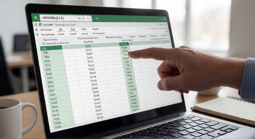 como redondear excel, Pantalla de Excel mostrando la función ROUND con una mano señalando la celda