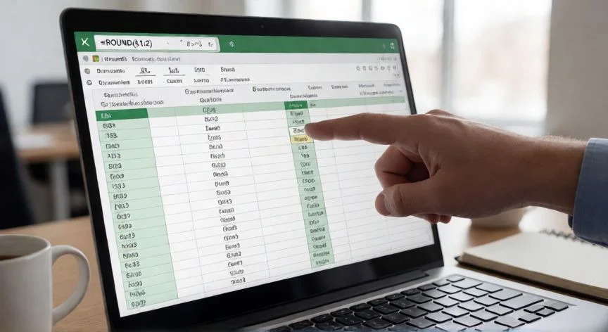 Pantalla de Excel mostrando la función ROUND con una mano señalando la celda