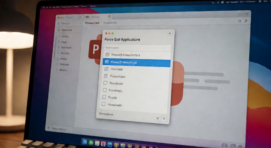 como reiniciar powerpoint, Mac mostrando la ventana de Forzar salida de aplicaciones con Microsoft PowerPoint seleccionado