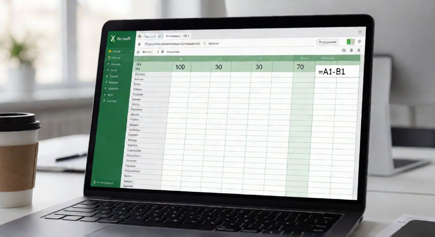 como restar en en excel, Pantalla de Excel mostrando la fórmula de resta =A1-B1 con resultado 70