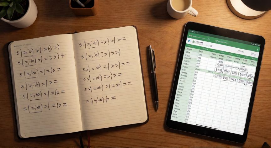 como restar en en excel, Cuaderno con fórmulas de resta en Excel junto a una tablet con hoja de cálculo