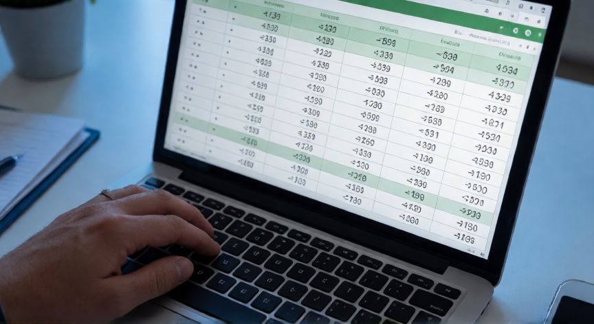 como restar en excel, Manos escribiendo fórmula de resta en Excel con columna de resultados