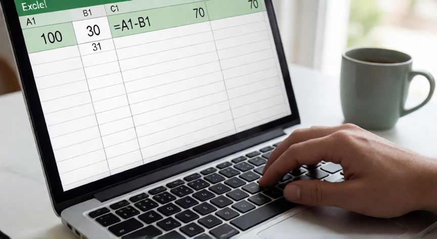 como restar excel, Pantalla de Excel mostrando la fórmula de resta =A1-B1 con resultado 70