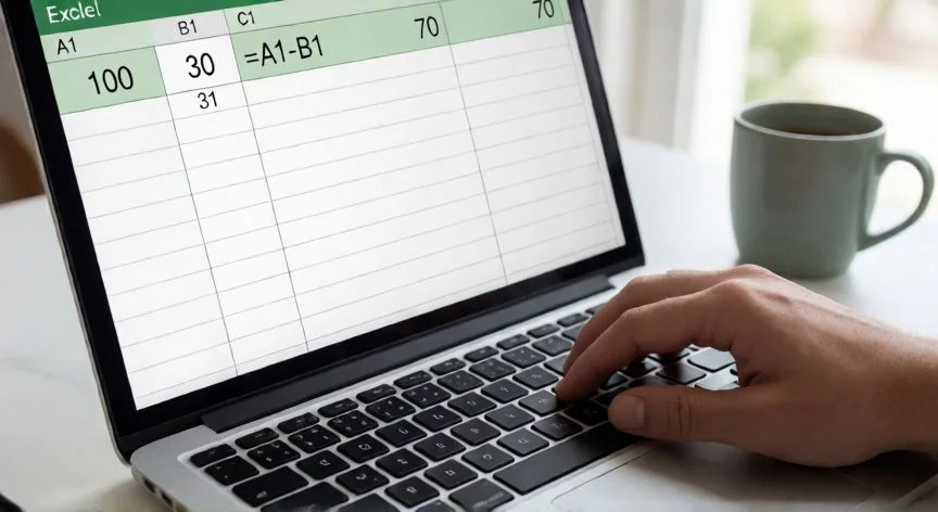 Pantalla de Excel mostrando la fórmula de resta =A1-B1 con resultado 70