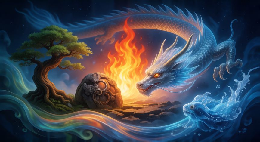 como saber que animal chino soy, Los cinco elementos del zodiaco chino interactuando con un dragón